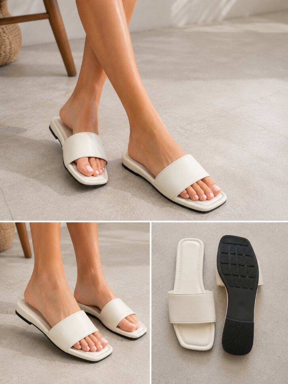 Beige Minimalist Slide Sandals Women EU 41 US 10 Flat Summer Casual
